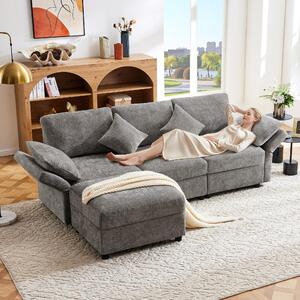 Divano angolare a forma di L Fortuna Lai, con poggiapiedi, divano letto trasformabile per 3 persone, 4 cuscini, braccioli regolabili, tessuto in chenille confortevole, adatto per soggiorno/ufficio/appartamento, colore grigio. Video disponibile