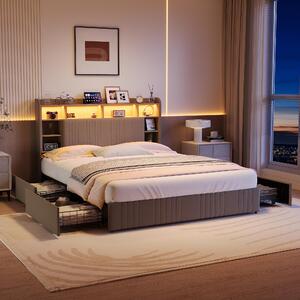 Letto imbottito 140x200 cm con 4 cassetti, testiera contenitore, illuminazione LED, rete a listelli, rivestito in lino color beige, letto a una piazza e mezza/doppio senza materasso