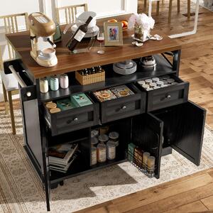 Isola da cucina 118x43x98 cm, realizzata in MDF e metallo, di colore nero con finitura effetto legno, dotata di ruote e piano di lavoro pieghevole, ideale per la cucina e la zona pranzo