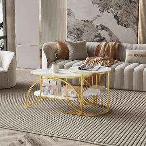 Fortuna Lai set di 2 tavolini, tavolino in marmo con struttura in metallo e ripiano, tavolino da salotto tavolino da divano per soggiorno, camera da letto (bianco + oro)