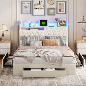 Letto imbottito Fortuna Lai 140x190 con contenitore, letto matrimoniale con USB e LED, letto per ragazzi con 3 cassetti, struttura letto funzionale con rete a doghe, velluto, beige