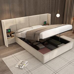 Letto imbottito 160x200 cm, color beige, in velluto, con spazio contenitore a sollevamento idraulico, porta USB, prese di corrente e 2 comodini, ideale per la camera da letto