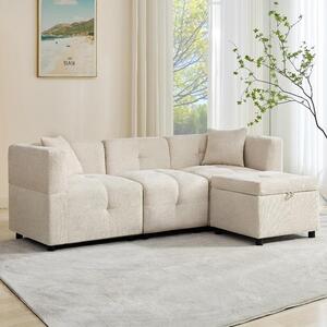 Divano angolare a 3 posti, forma a L, color beige, con spazio contenitivo e poggiapiedi. Divano modulare rivestito in tessuto di chenille, con imbottitura in molle insacchettate. Dimensioni: 204x126x69 cm