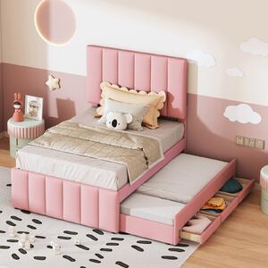 Letto imbottito Fortuna Lai 90 x 200 cm con letto estraibile e cassetti, rivestimento in lino delicato sulla pelle, letto singolo, letto per bambini, letto per ragazzi, letto per ospiti (rosa)