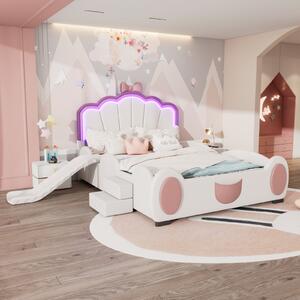 Fortuna Lai letto imbottito LED 140x200cm con scivolo e scaletta, letto imbottito per bambini Letto matrimoniale inPoliuretanobella forma, letto a farfalla, rosa + bianco