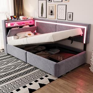 Divano letto 90x200 cm con illuminazione a LED, prese USB per la ricarica, spazio contenitore con sistema idraulico e poggiatesta reclinabile, rivestito in velluto color grigio chiaro
