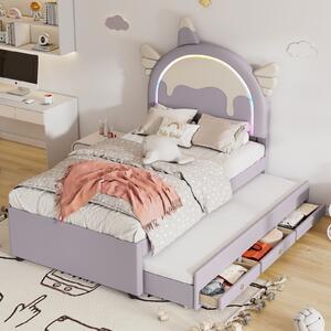 Letto imbottito Fortuna Lai 90x200cm con letto estraibile, letto per bambini con 3 cassetti, letto per ragazzi con rete a doghe, letto matrimoniale in legno con LED,Poliuretano- viola