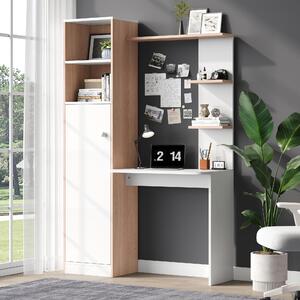 Fortuna Lai Scrivania/tavolo da lavoro con contenitore – Bianco con contrasto in legno massello, armadio inferiore con ante e ripiano superiore aperto, design da ufficio, 123,5x45x168,5 cm