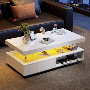 Tavolino bianco con piano lucido, dimensioni 95x50x42,5 cm, realizzato in pannello di particelle di legno e vetro, dotato di 2 cassetti e illuminazione LED per il soggiorno