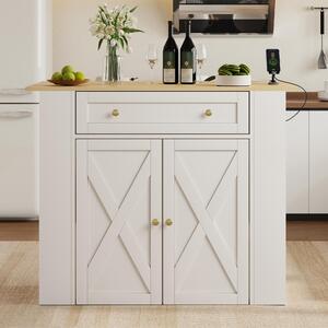 Isola da cucina 120x75x97 cm in MDF bianco, con piano di lavoro ribaltabile e prese di corrente, adatta per la cucina, la sala da pranzo e il soggiorno