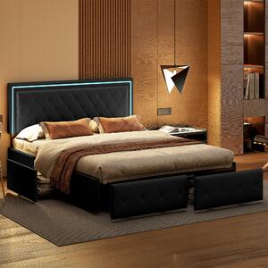 Letto imbottito Fortuna Lai 140x200cm con LED, testata regolabile in altezza e 4 cassetti, letto matrimoniale funzionale con rete a doghe e rivestimento in Pelle finta, grigio