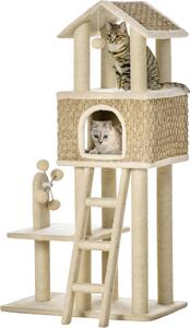 Fortuna Lai Tiragraffi Grande tiragraffi per gatti 130 cm, con cuccia e palline, tronchi in juta, kaki+beige, truciolato di legno, peluche
