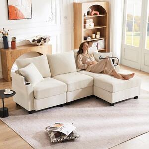 Divano angolare beige, modello "Cord", con tre posti, dotato di poggiapiedi e vano portaoggetti sulle braccioli. Divano a forma di "L" con porta USB e portabicchieri. Dimensioni: 213,5 x 139 x 87 cm