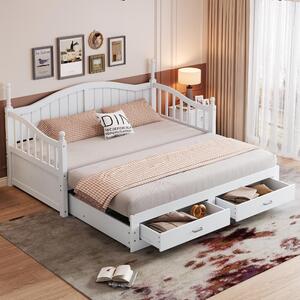 Fortuna Lai Divano letto estraibile in legno massello 90/180*190 cm, con colonne romane, schienale e braccioli curvi, cassetti e rete a doghe, letto multifunzionale in legno di pino, bianco