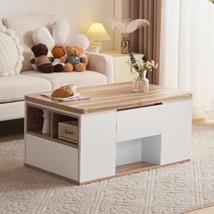 Fortuna Lai Tavolino multifunzionale sollevabile - Il piano del tavolo si apre in 2 tavoli, bianco + colore legno originale, grande capacità, mobili moderni per soggiorno, tavolo da pranzo per ufficio, tavolo multifunzionale per il tempo libero