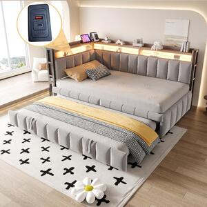 Divano letto 90x200 cm con letto estraibile, illuminazione LED, porte USB e di tipo C, rivestito in velluto color grigio chiaro, con vani portaoggetti