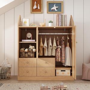 Armadio per bambini Merax con 2 ante e 4 cassetti, armadio per bambini con asta appendiabiti e ripiani aperti, design moderno, vetrina, finitura effetto legno di quercia