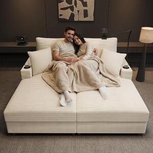 Divano letto matrimoniale Fortuna Lai con funzione letto, funzione reclinabile imbottita, supporto per cellulare, porta USB e portabevande. Adatto per soggiorno, camera da letto o home cinema. Colore beige