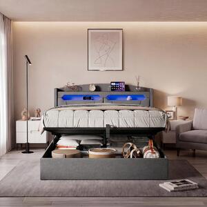 Letto imbottito 140x200 cm, grigio, con spazio contenitore, cassettiera idraulica, illuminazione LED RGB, testiera con vano portaoggetti e prese, connettività USB e Type-C
