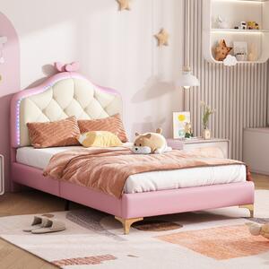 Letto imbottito Fortuna Lai 90x200cm con testata a onda e LED, fiocco rosa, letto per ragazzi letto per bambini con rete a doghe, letto singolo letto in legno, PU, rosa