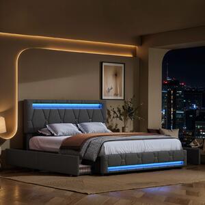 Letto imbottito Fortuna Lai 160x200 cm in grigio, letto funzionale in lino con illuminazione a LED, testata regolabile in altezza e 4 cassetti - letto matrimoniale con contenitore