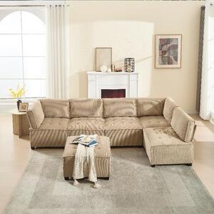Divano modulare da 6 posti, rivestito in corda, dimensioni 308x154x81,99 cm, flessibile e combinabile in forma a "U" o a "L", utilizzabile anche come divano letto, colore kaki