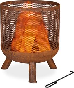 Cesto per il fuoco - Rete - Aspetto ruggine - con attizzatoio - 53 x 44 cm - Acciaio - Marrone