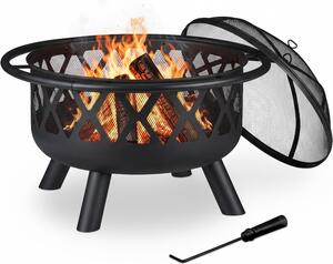 Braciere Relaxdays con parascintille, per giardino e terrazza, con attizzatoio, focolare da esterno, acciaio, Ø 75 cm, nero