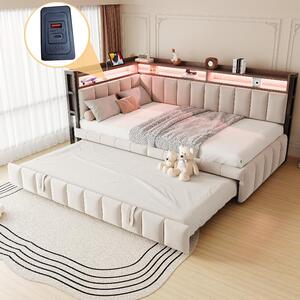 Divano letto 90x200 cm con letto estraibile, illuminazione LED, porte USB e di tipo C, vani portaoggetti, rivestimento in velluto color beige e schienale