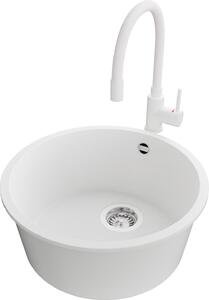 Lavello PRIMAGRAN in granito bianco 46x46cm, lavello rotondo 1 vasca + rubinetto cucina 38x14cm + set di scarico, lavello cucina da base 50 cm - Valletta Slim