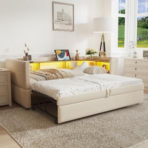 Fortuna Lai Letto imbottito Divano letto estraibile 90/180*190 cm, dotato di luci a LED, prese di corrente e numerosi vani portaoggetti, letto imbottito, divano letto multifunzionale, letto singolo, beige