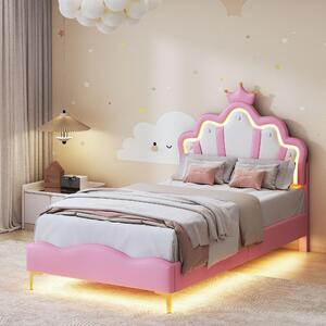 Letto per bambini 90x190 cm, imbottito con testiera a forma di , sistema RGB, testiera regolabile in altezza, rete a doghe, colore rosa, capacità fino a 150 kg, senza materasso