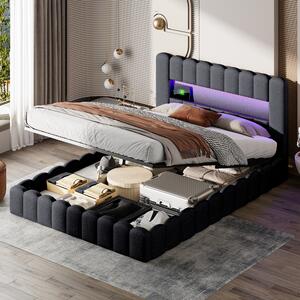 Letto imbottito Fortuna Lai 140x200cm con USB, letto per ragazzi letto matrimoniale con rete a doghe e contenitore, letto contenitore con LED, lino, grigio
