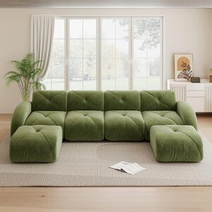 Divano modulare a forma di U, verde, senza struttura, con rivestimento in chenille, per 4 persone. Set divano composto da 2 poggiapiedi, antiscivolo e senza necessità di montaggio, dimensioni 358x171x76 cm