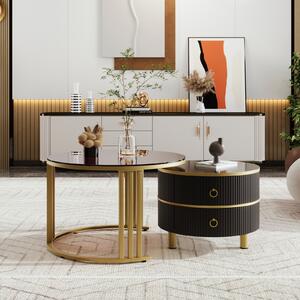 Set di 2 tavolini da caffè, 70 x 50 cm + 50 x 40 cm - con piano in vetro marrone, 2 cassetti, design moderno - nero