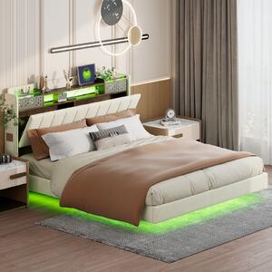 Letto imbottito Fortuna Lai 140x200cm, letto matrimoniale con USB e Led, letto galleggiante con rete a doghe e testiera, letto contenitore, letto funzionale, lino, beige