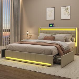 Letto imbottito Fortuna Lai 140x200cm letto matrimoniale contenitore, adatto a ragazzi e bambini, con illuminazione LED e connessioni USB/Type-C, lino, beige