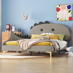Letto imbottito Fortuna Lai, letto per bambini 140x200cm con testata a forma di dinosauro cartoon in Pelle finta, grigio