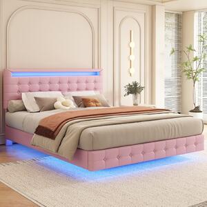 Letto imbottito Fortuna Lai 140x200cm, con illuminazione LED e rete a doghe, letto matrimoniale con testiera regolabile in altezza, struttura letto galleggiante, struttura letto imbottita, PU, rosa