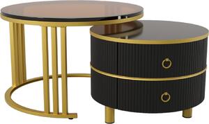 Tavolino rotondo 2 in 1 Fortuna Lai, piano in vetro temperato marrone con 2 cassetti, nero