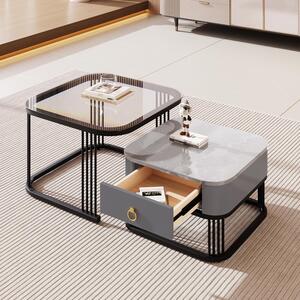Set di 2 tavolini quadrati, tavolino da salotto lucido con aspetto marmoreo e piano in vetro, tavolino moderno con spazio di archiviazione, per soggiorno, balcone e ufficio, grigio e nero