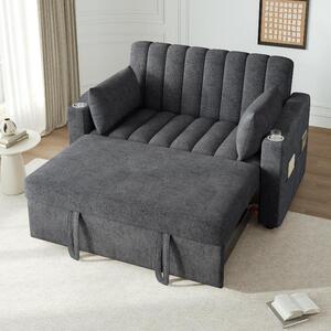 Divano letto 2 posti, grigio, divano multifunzionale con funzione letto e schienale regolabile, aspetto lino, divano letto con portabicchieri, dimensioni 136x162x84 cm