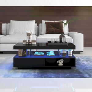 Tavolino da salotto 95x50x42,5 cm, nero, realizzato in pannello di particelle e vetro, con piano lucido, 2 cassetti e illuminazione LED