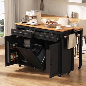 Isola cucina Fortuna Lai su ruote, zona pranzo estraibile Isola cucina con piano di lavoro e scomparto per contenitore rifiuti, isola cucina mobile indipendente con prese multiple, ideale per cucina e sala da pranzo (nero)