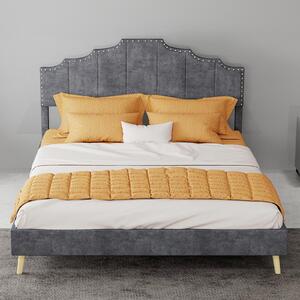 Letto imbottito 140x200 cm, color grigio, con rivestimento in tessuto, testiera imbottita e decorazioni con chiodini, senza materasso, ideale per la camera da letto