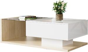 Tavolino Fortuna Lai lucido, 105x55x32,5 cm, con effetto vetro e LED e 1 cassetto, naturale e bianco