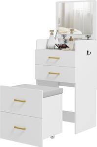 Fortuna Lai Tavolo da trucco 3 in 1 con specchio, comodino, sgabello con rotelle, cassetti, bianco