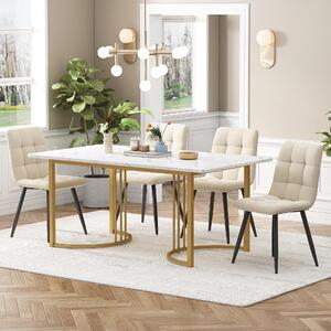 Fortuna Lai, set da pranzo (5 pezzi), tavolo da pranzo con 4 sedie, set moderno per cucina, tavolo da cucina 140x80 cm con gambe in metallo dorato, piano del tavolo in MDF bianco, sedie da pranzo in velluto beige