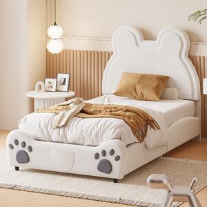 Letto imbottito Fortuna Lai 90x200cm, letto per bambini a forma di orso, letto singolo in tessuto vellutato skin-friendly, bianco