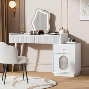 Comò da trucco Fortuna Lai con specchio a LED e illuminazione - Set da trucco bianco per camera da letto con tre ampi cassetti e una porta - Dimensioni: L100/H75/P40 cm (senza sgabello) (codice prodotto precedente: RN3190801AAW)